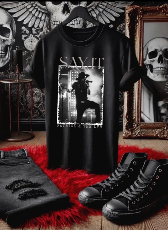 Say It – Patrick & The LVB black graphic tee with live performance print