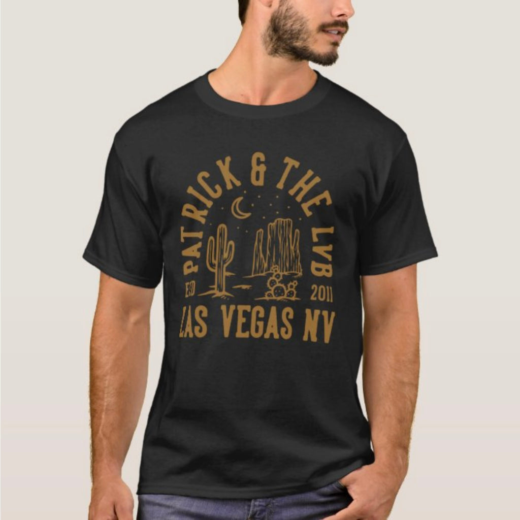 Patrick & The LVB Las Vegas NV tee close-up of gold desert graphic