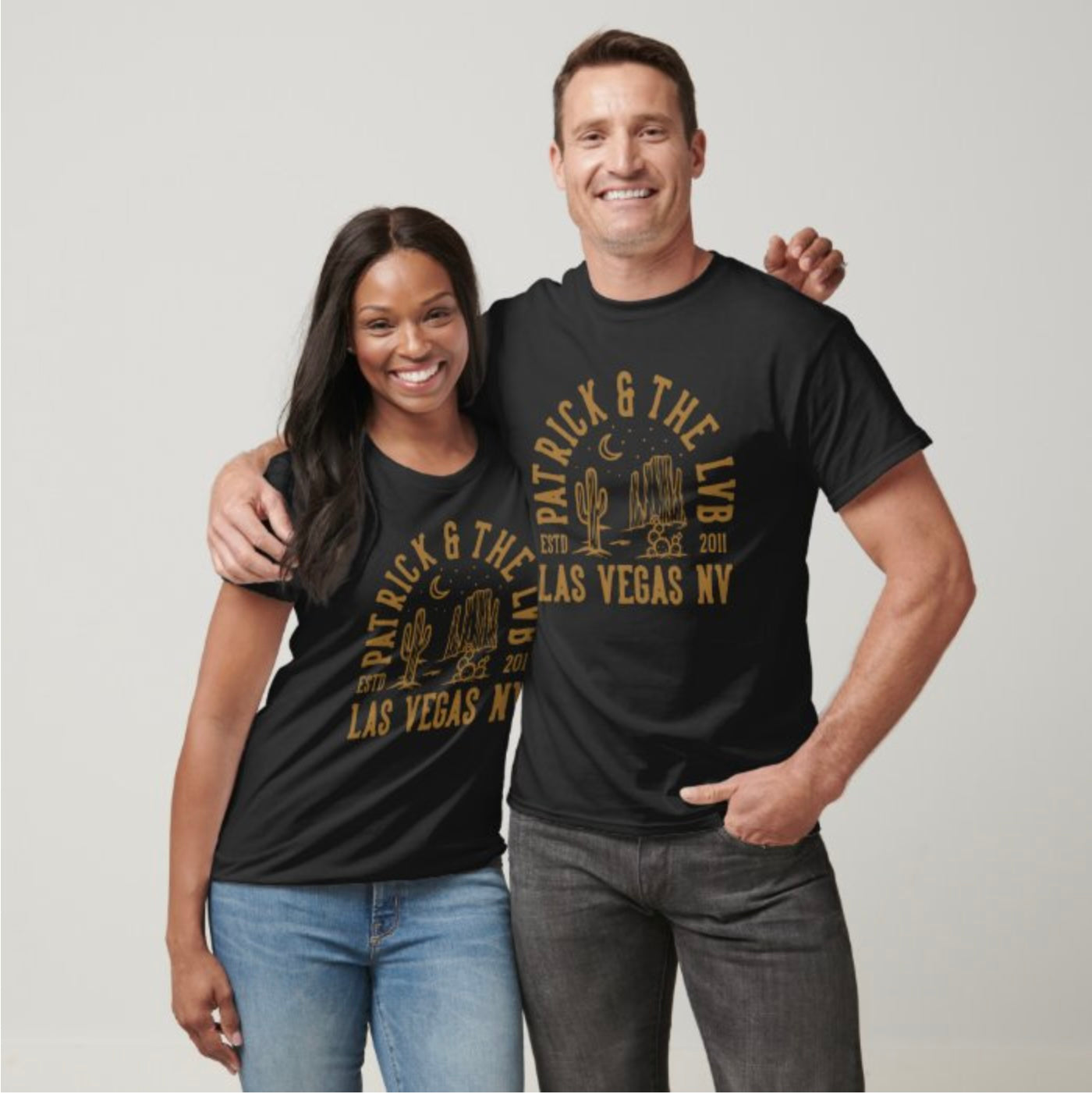 Patrick & The LVB Las Vegas NV tee worn by a man and woman